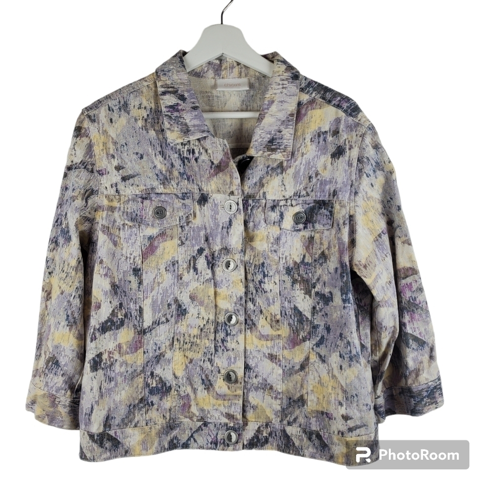 Chico's Jacket large Purple Pastel Spring Button Up‎ 3/4 sleeves Lightweight